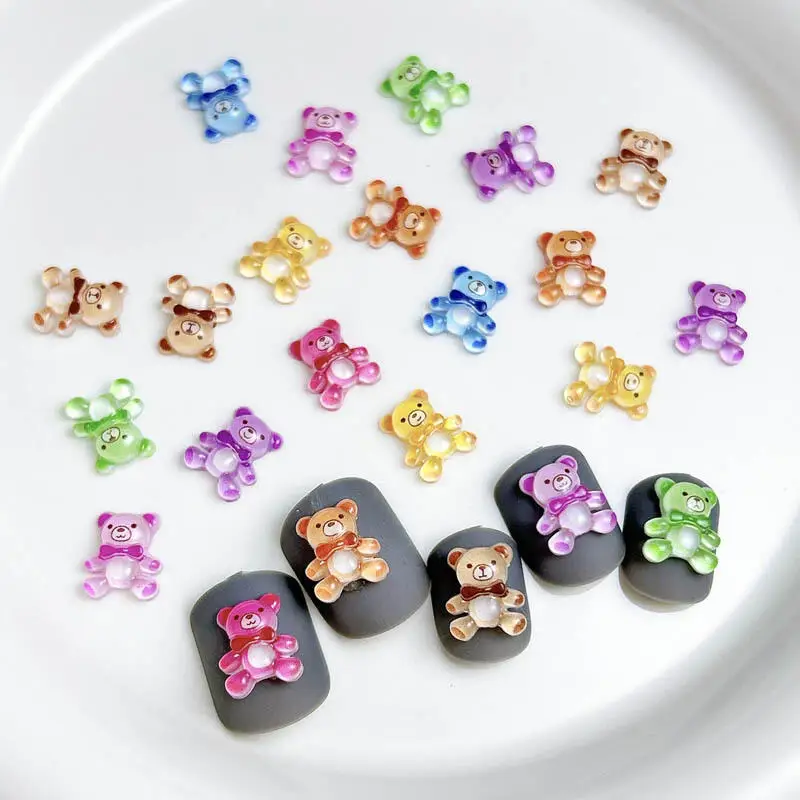 20PCS Translucent Colored Bears Nail Art Charms Cartoon Cute Bow Bears Resin Nail Decorations for Manicure DIY Crafts Supplies