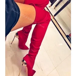 Stivali elastici sopra il ginocchio a Stiletto rosso punta a punta primavera Design in stile britannico per le donne stivali sopra il ginocchio Sexy Zapatos Para Mujere