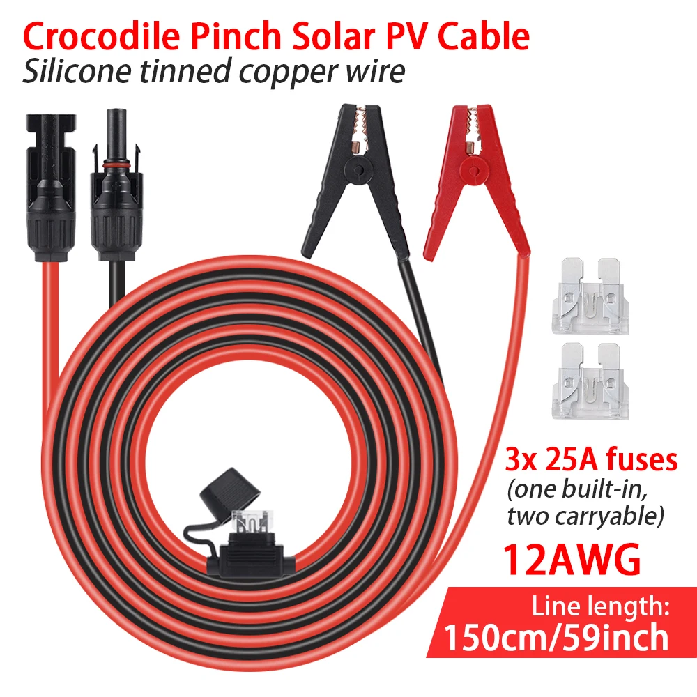 1.5M 12AWG Crocodile Clip-on Solar Cable Adapter 25A Insured Silicone Tinned Copper Wire High Quality Cable connector