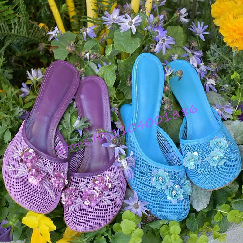 

Novelty Mesh Sequin Wedges Slippers Women Chinese Beadwork Floral Decor Strange Heel Sandals Summer New Round Toe High Heels