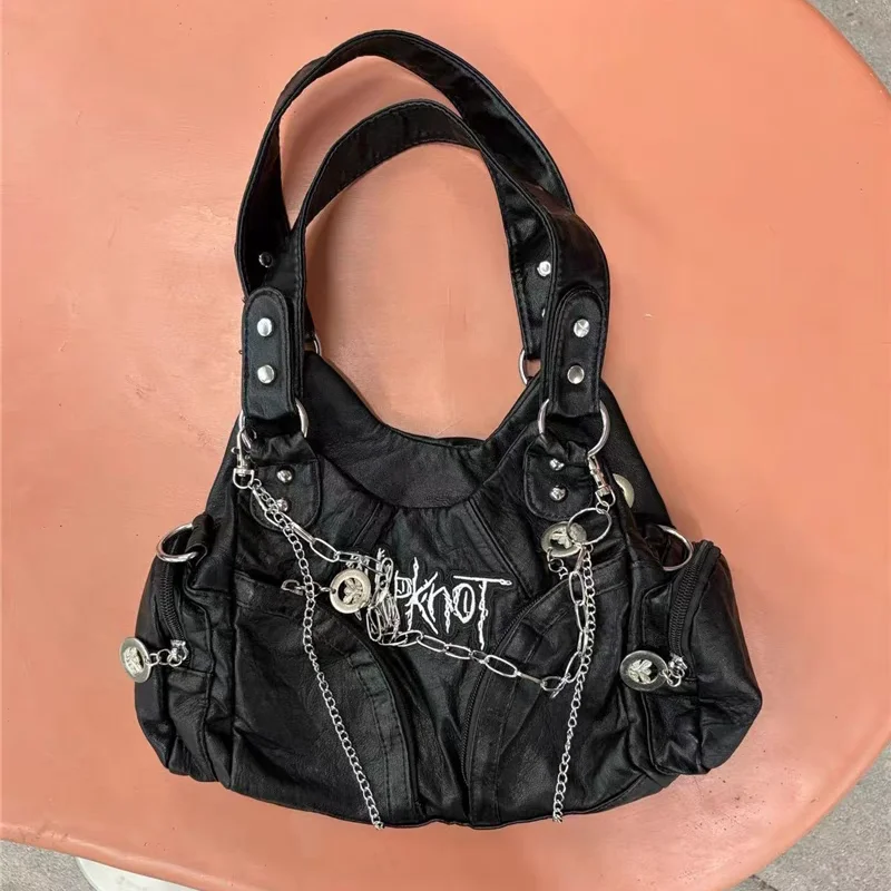 

Richme Y2K Women Tote Bags 2024 Large Capacity Moto Style Chains Commute Crossbody Bags Vintage Underarm Shoulder Bolso Mujer