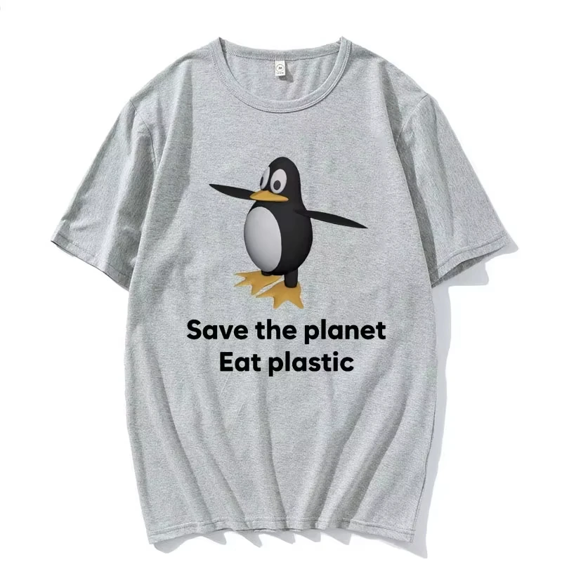 2026 Save The Earth Eat Plastic Funny Meme T-Shirt Cute Penguin Graphics Men's T Shirt Fashion Casual Short Sleeve T-shirts