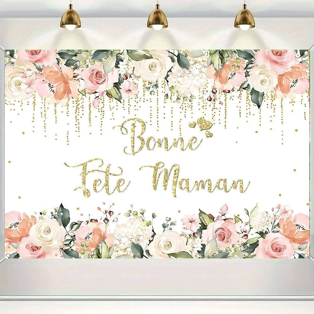 1 Stück elegantes Muttertags-Blumenbanner – „Bonne Fête Maman“ mit goldenen und Pastellrosen, Polyestermaterial, perfekt für Zuhause,