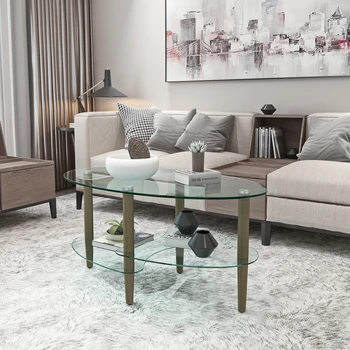 Image Transparent Oval glass coffee table, modern table in living room Oak wood leg tea table 3-layer glass table