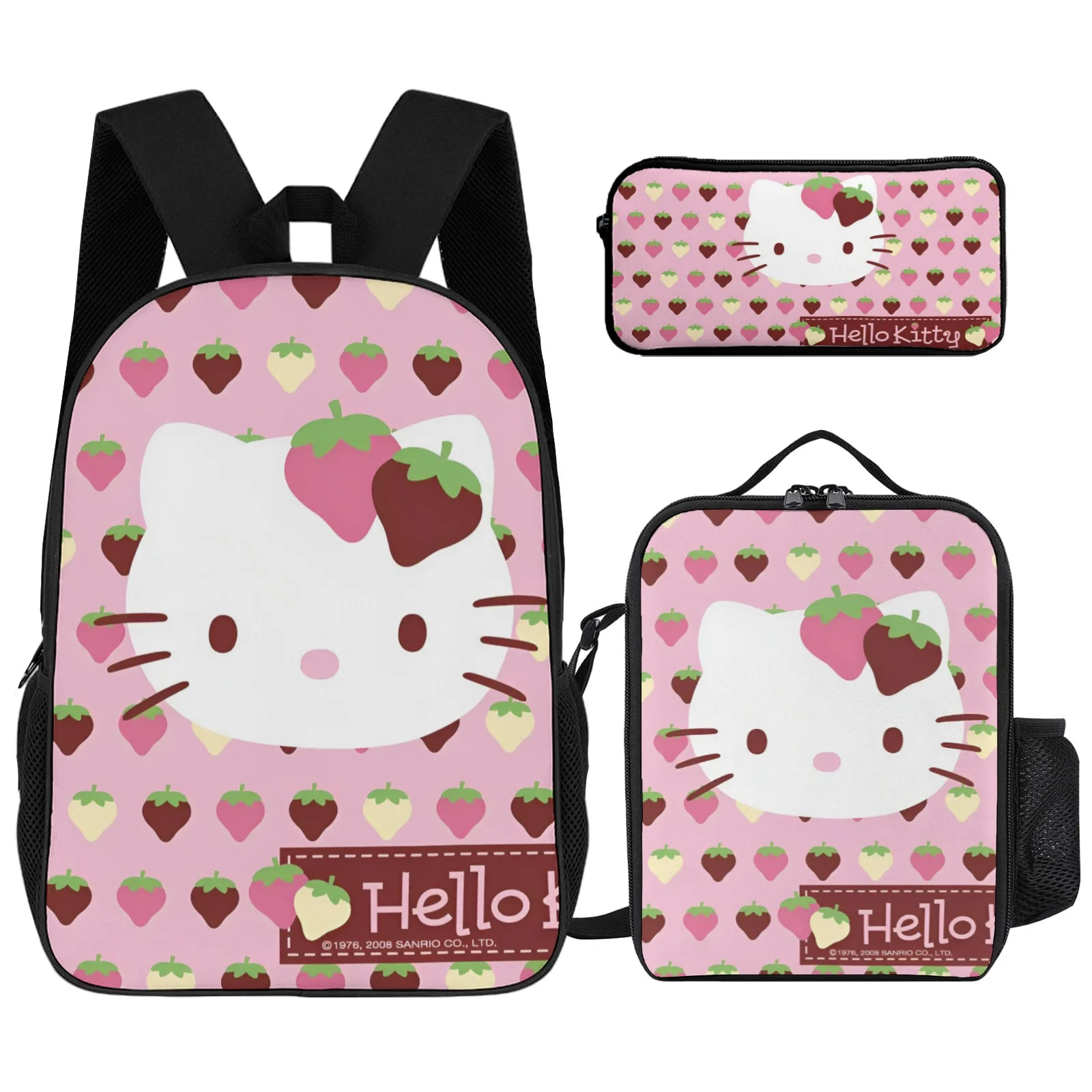 

Strawberry Hello Kitty Mochila Printed Book Bag Cute School Supplies 17 Inch Pencil Case School Backpack Lunch Bag