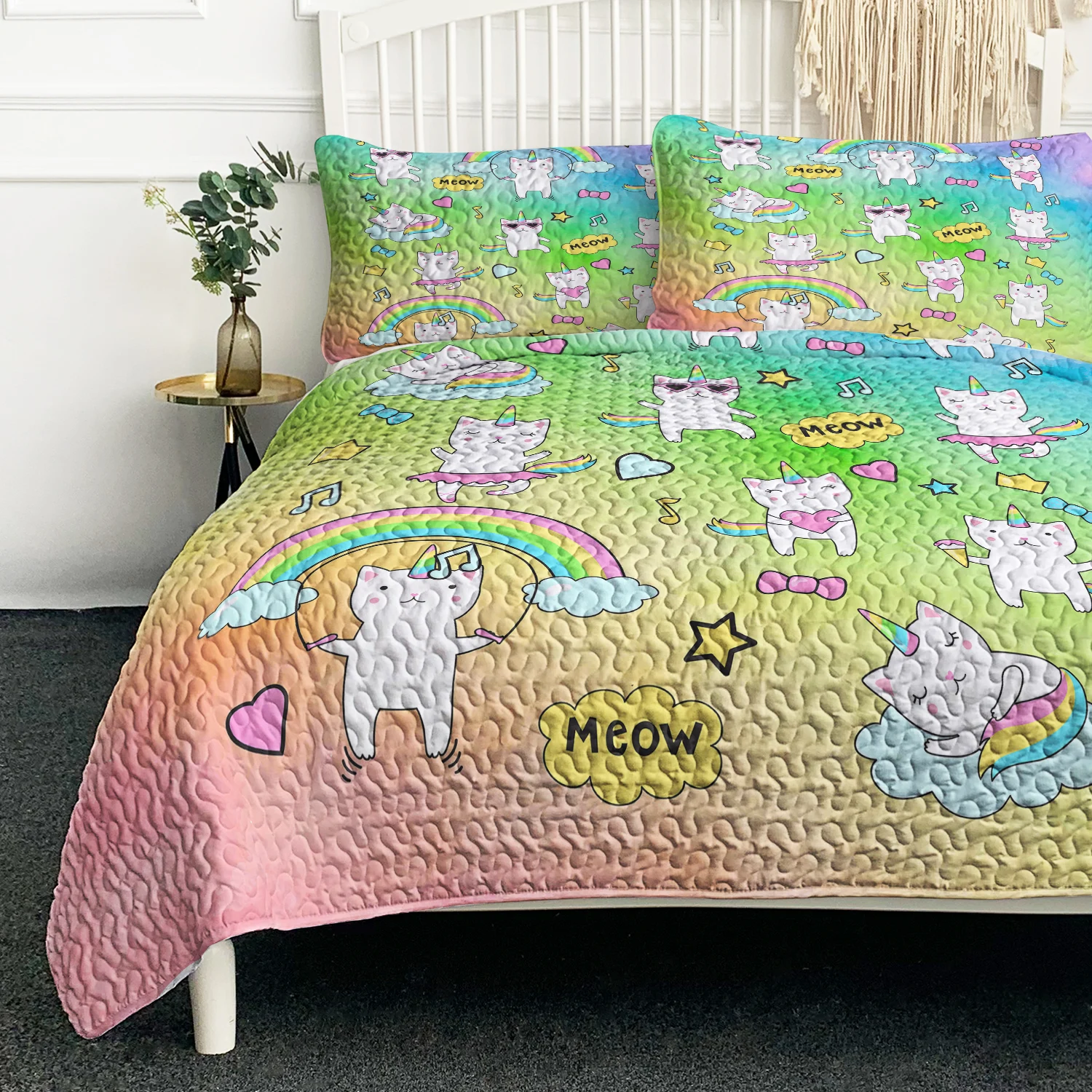 

Funny Cartoon Unicorns Printed Quilt Set Soft Comforter With 2 Pilowcases Nice Gift for Birthday Christmas