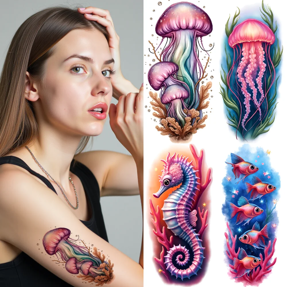 

12 шт., временная татуировка, стрекоза, реалистичные временные татуировки, коралловая медуза с глазами для рук, плеч, взрослых
