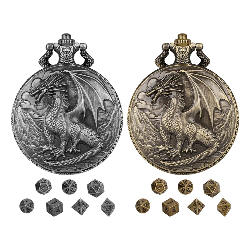 Steampunk Engraved Dragon Pocket Watch Case Pendant Chain 7 X Tiny Polyhedral Metal Dice Set Gaming Accessory for Role Play Game