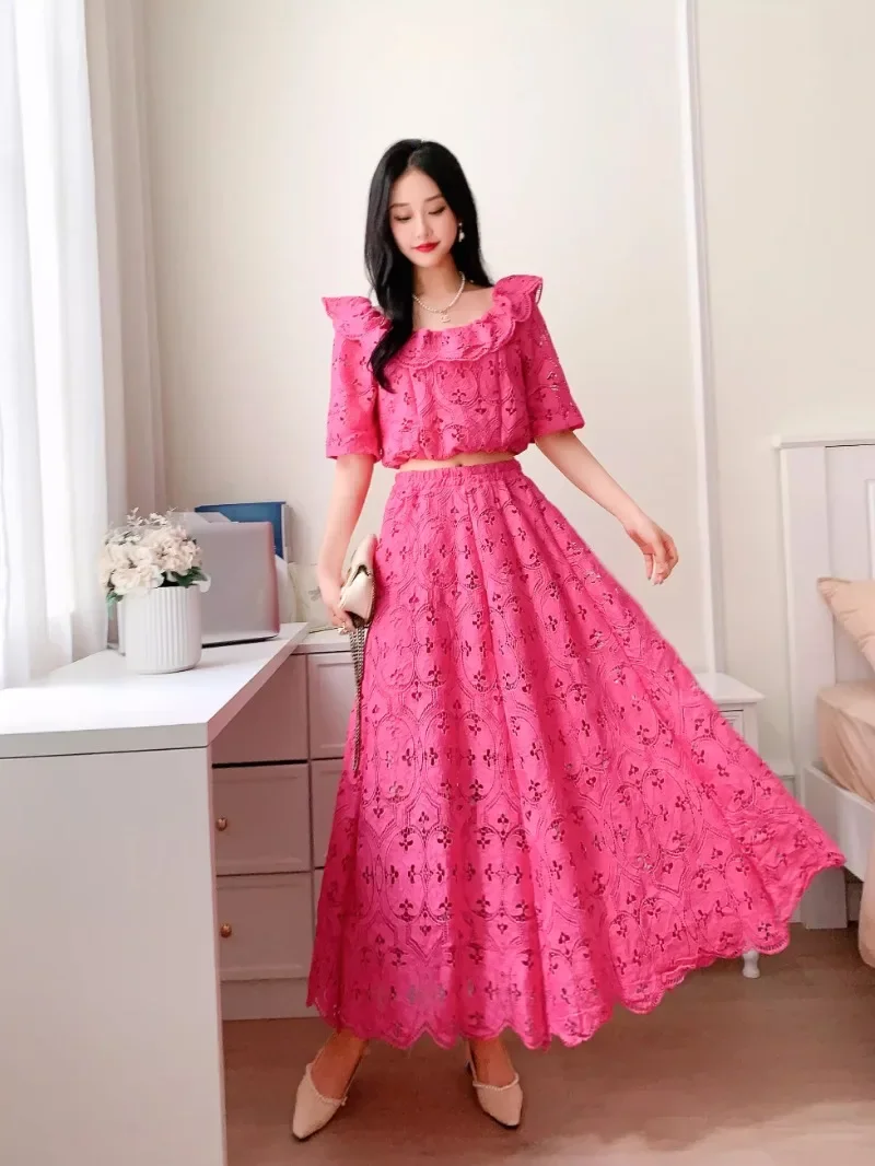 Sweet Crop Top And High Waist Long Skirt Two Piece Set Women High Quality Vintage Hook Flower Hollow Lace Skirt Suits New Summer