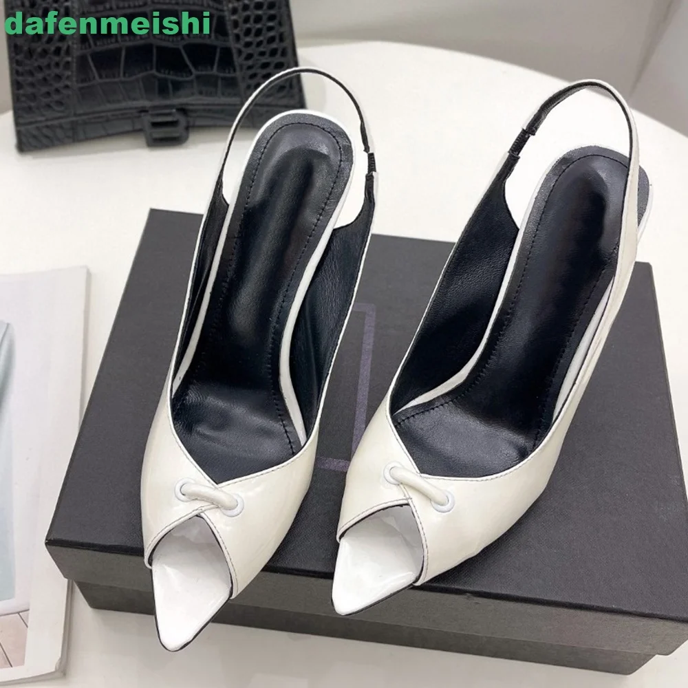 Patent Leather Thin Heel Women Sandals Black/white/red Genuine Leather Pointed Toe Open Toe Slip On High Heels Slingback Shoes