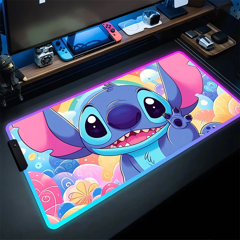 RGB Stitch Mouse bercahaya Pad PC Kawaii Anime warna-warni Mousepad XXL lemari Gamer karpet Keyboard Laptop Gaming tikar meja diperpanjang