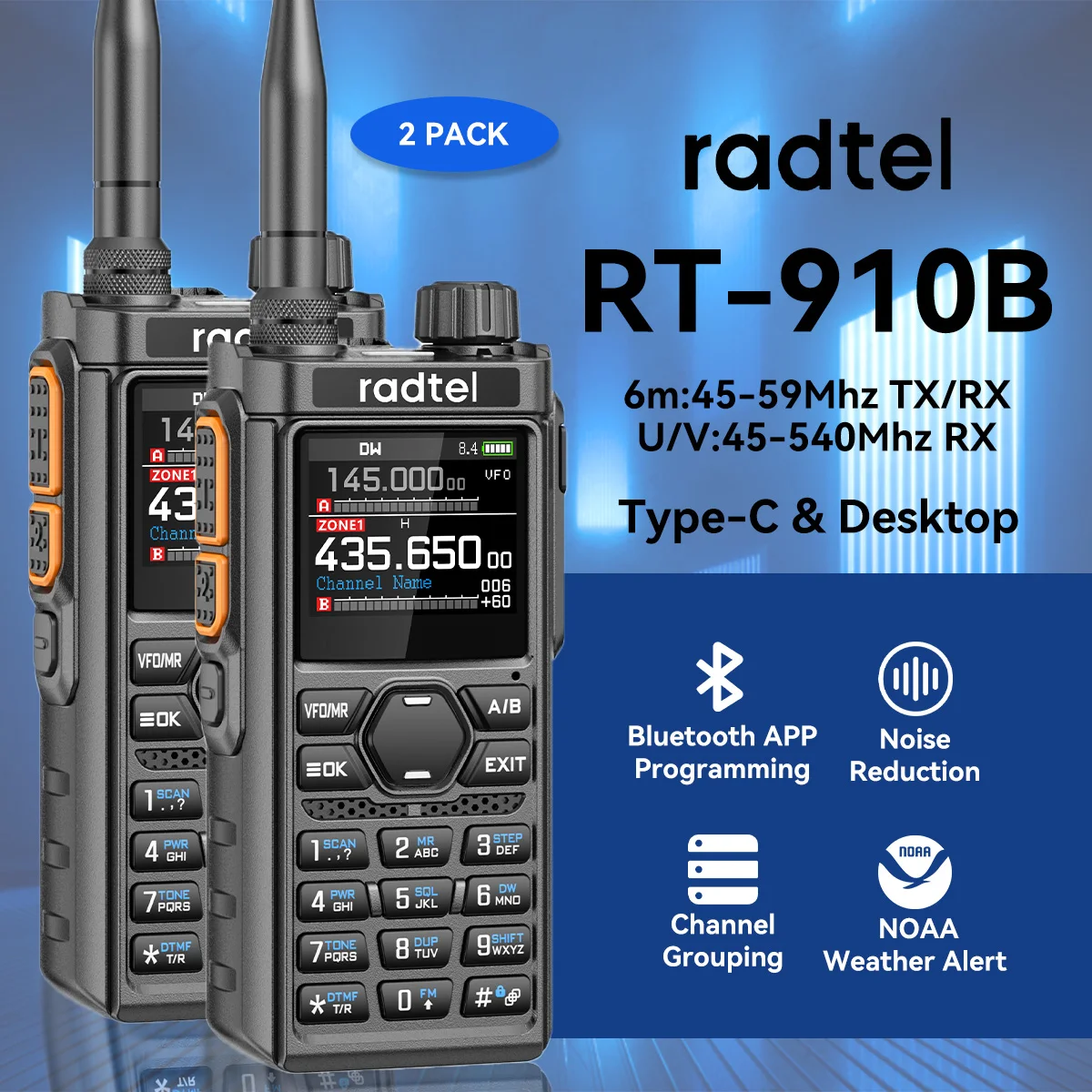 

2pcs Radtel RT-910B Walkie Talkie, UHF VHF Dual Band Amateur Ham Radio , SSB AM FM RX 1024 Channels Copy Frequency