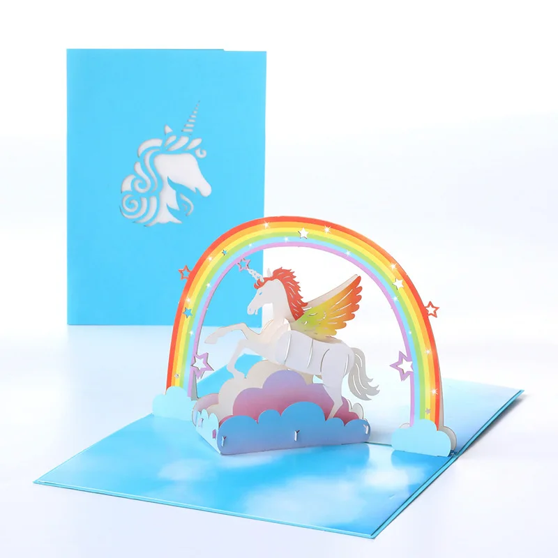 

1 pcs Pop up style holiday greeting cards creative animal 3D handmade unicorn paper carving birthday gift small card