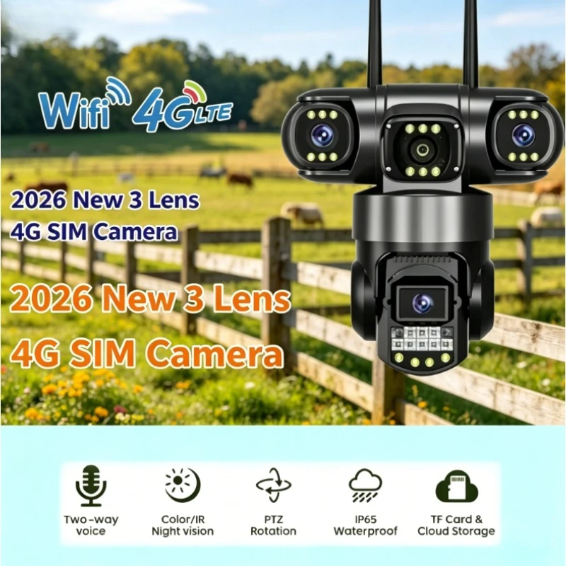Nouvelle Caméra de Sécurité Extérieure Sans Fil 4G WiFi à 3 Objectifs 2026, Vision Nocturne, Étanche 360 Degrés, Surveillance CCTV IP