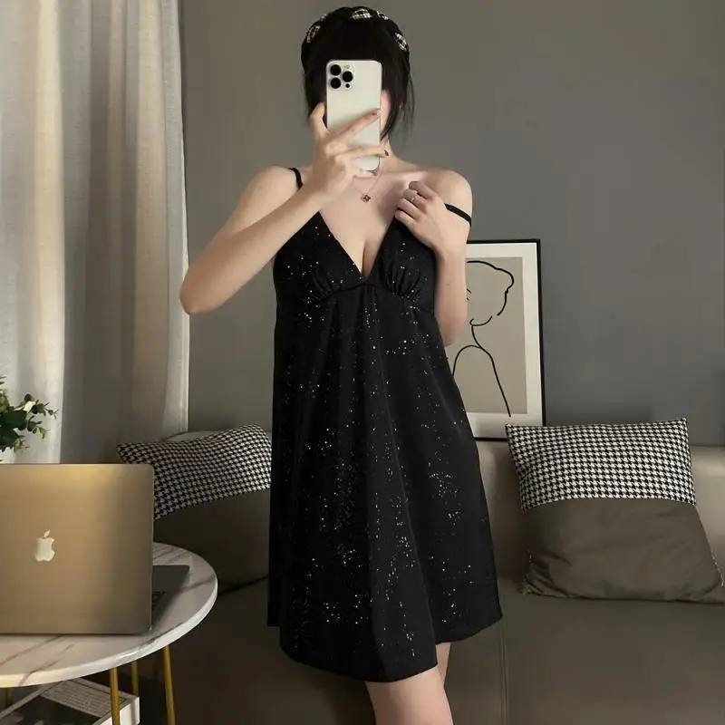 Sequin Backless V-neck Sleeveless Suspender Nightgown for Women Sleepwear Sexy Slip Female Pyjamas Call of the Night Wear Woman