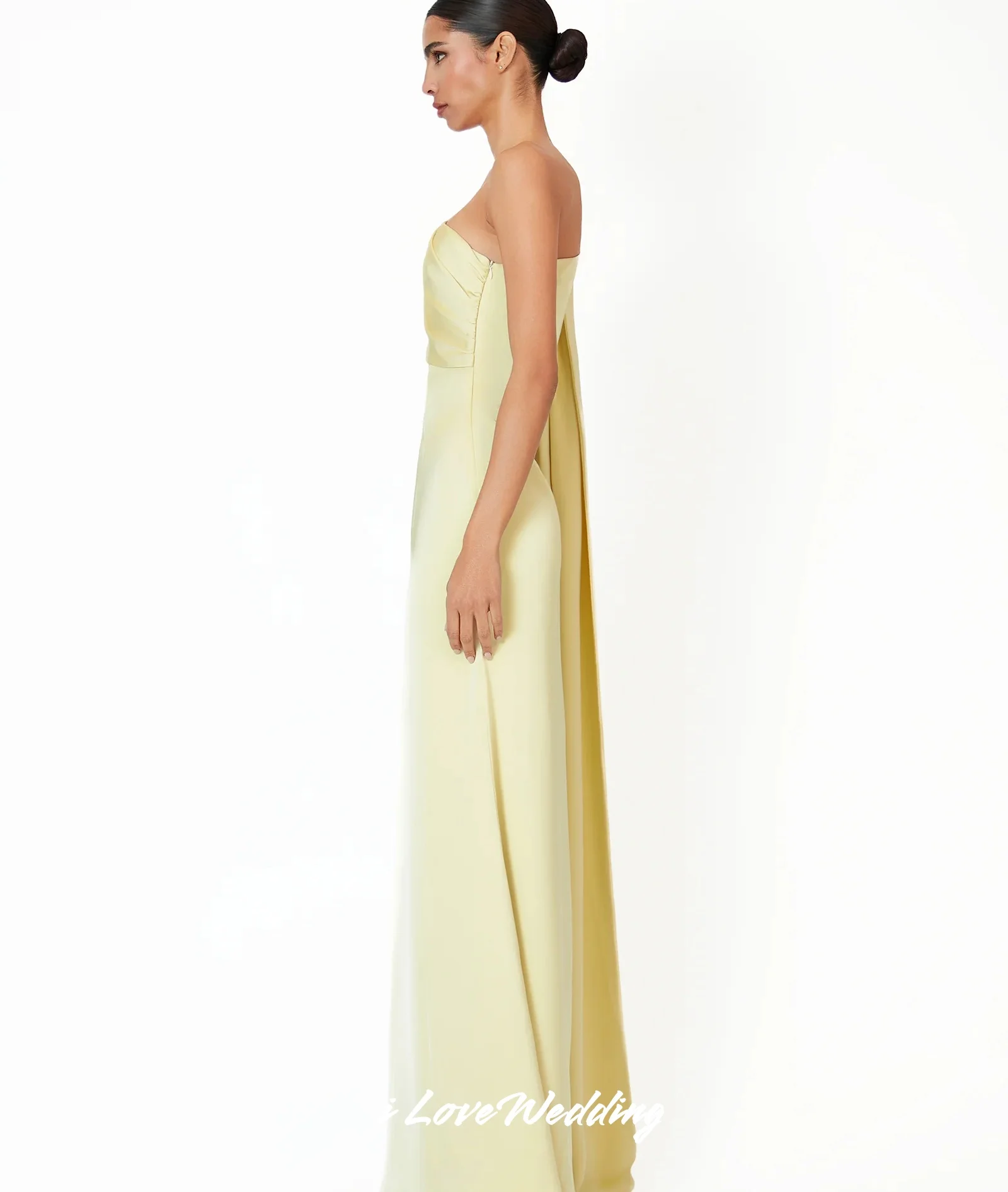 Hellgelbes One-Shoulder-Abendkleid 2025, Satin, ärmellos, Meerjungfrau-Schal, plissiert, bodenlang, Hochzeitskleid, individuell gestaltet
