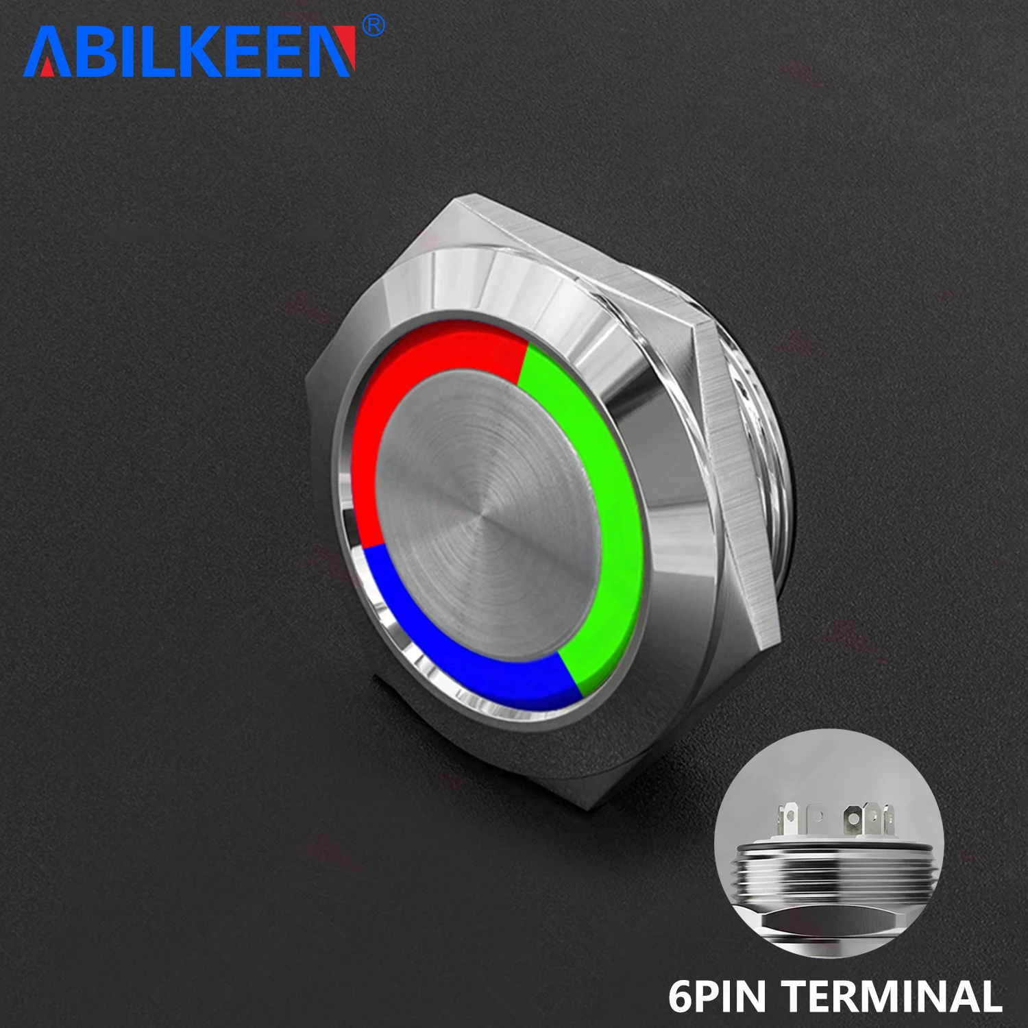ABILKEEN 22MM Ultra-Thin Push Button Switch DC3-6V 12-24V Red+Green+Blue Tri-Color LED Light Momentary 1NO Push Button Switch