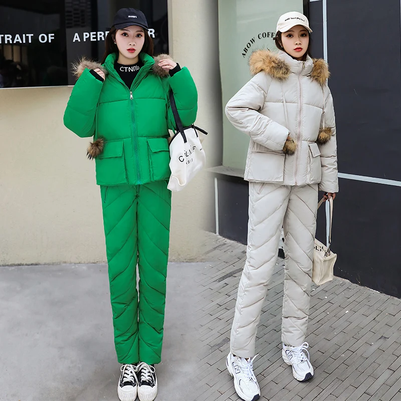 2023 Winter Jacket Women Snow Clothes Warm Pant Suits Real Fur Collar Parka Women Down Cotton Coat 2 pieces Set Outwear Ladies