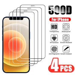 4Pcs 500D Protective Glass For iPhone 11 12 13 14 15 Pro Max Mini Screen Protector iPhone X XR Xs Max 7 8 14 15 Plus Glass Film