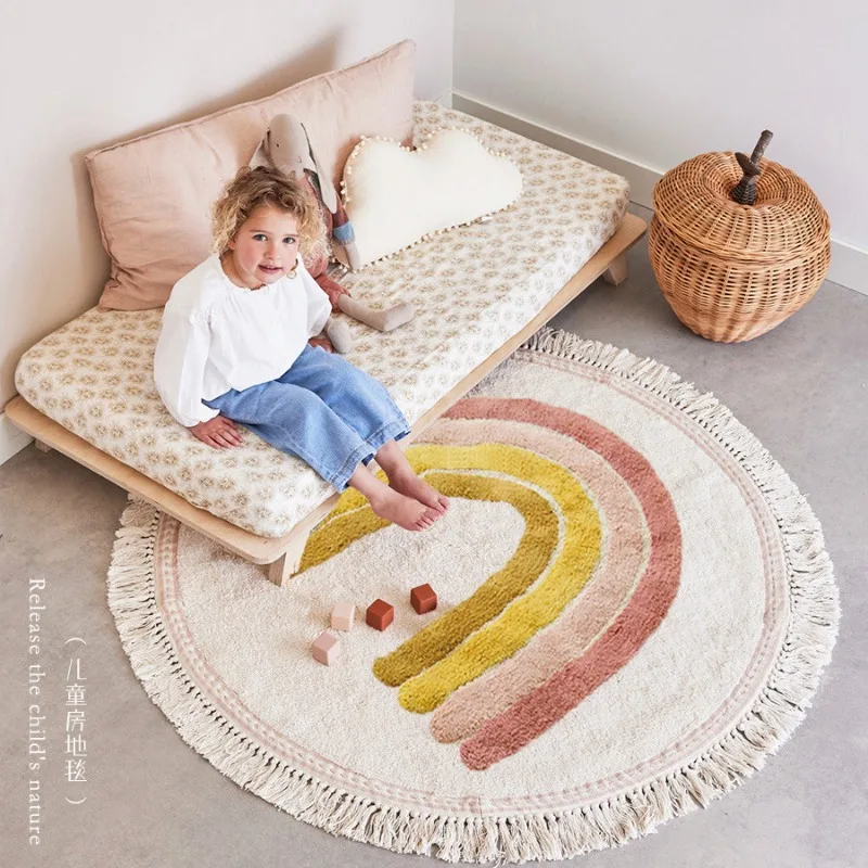 Tappeto per bambini Instagram Rainbow Round Fringe tappeto camera dei bambini Area di lettura Crawling comodino camera da letto tappetino