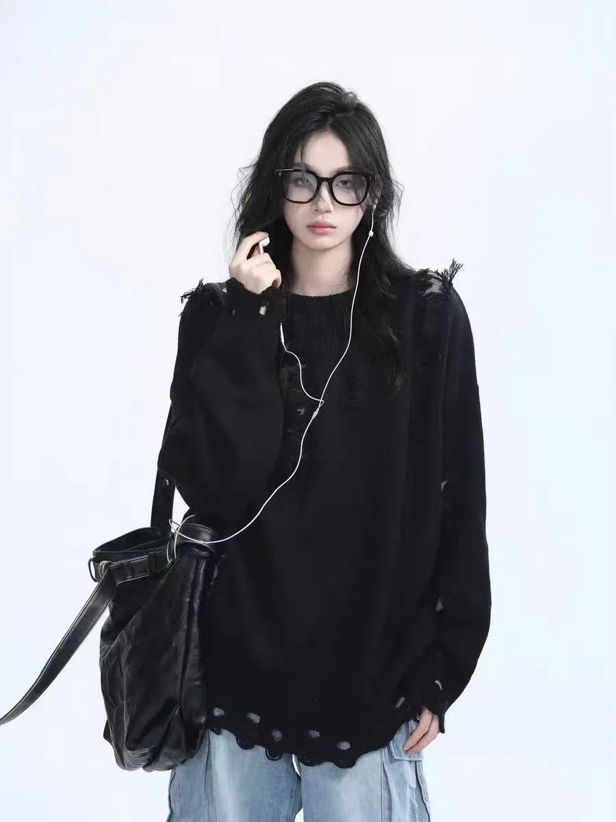 

Retro American Hole round Ne Sweater Men Women Autumn Winter New Trend High Street Casual Design Knitted Top ex