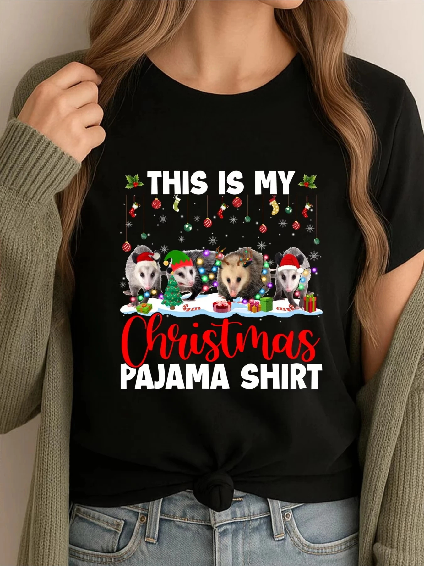 This Is My Christmas Pajama Shirt Christmas Santa Opossum Printed Women's Oversized T-shirt Student Summer Fall Short Sleeve Top
