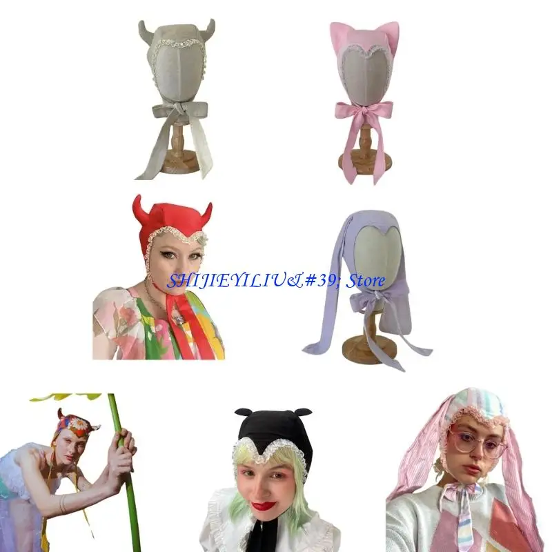 E21F Girls Rabbit Hat Y2K Horn Ears Hat Horn Rabbit Gifts Warm Halloween Hat Adult Children Horn Ears Halloween Photo Props