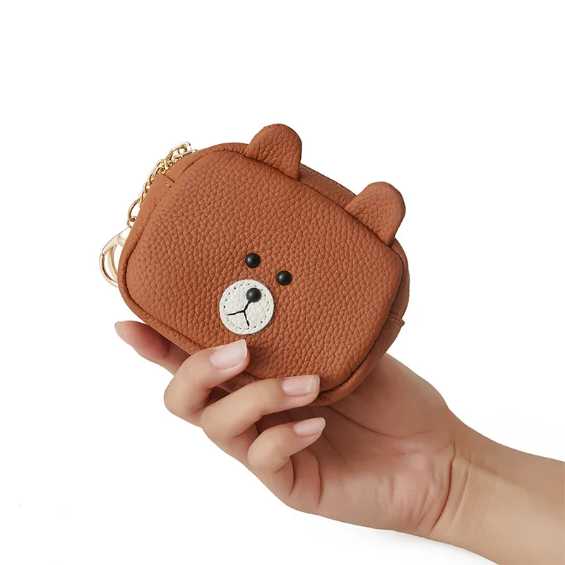 Large Capacity Bear Coin Purse Women's  Cartoon Wallet Head Layer Cowhide Earphone Storage Bag Cute Animal Design
