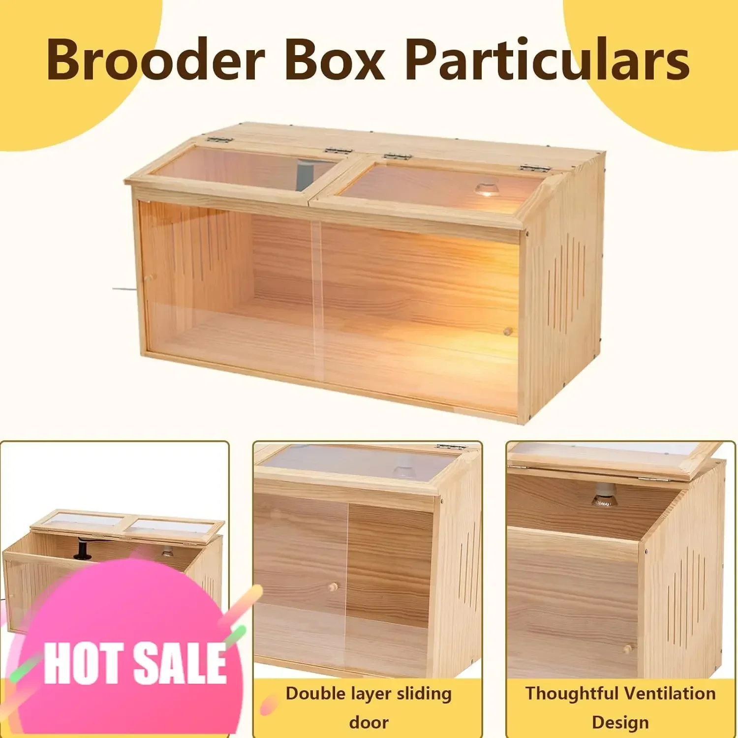 

Горячая распродажа: Высококачественный большой деревянный брудер для цыплят с лампой и термометром – брудер для цыплят для использования в помещении, вместимостью до [количество] голов.