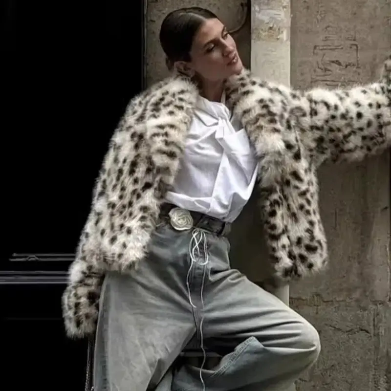 

Женское повседневное пальто с леопардовым принтом, экологически чистая теплая куртка из искусственного меха на осень и зиму, удобная модная верхняя одежда