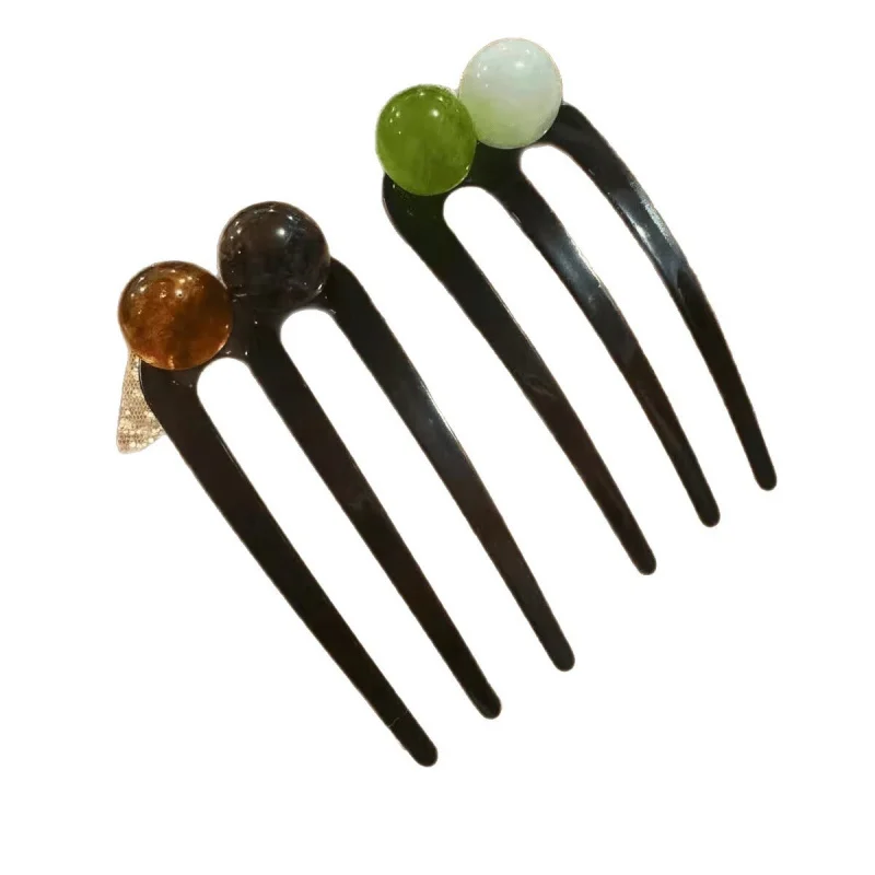 Green Simple Beaded Three-Tooth Back of Hair Styling Elegant Hairpin