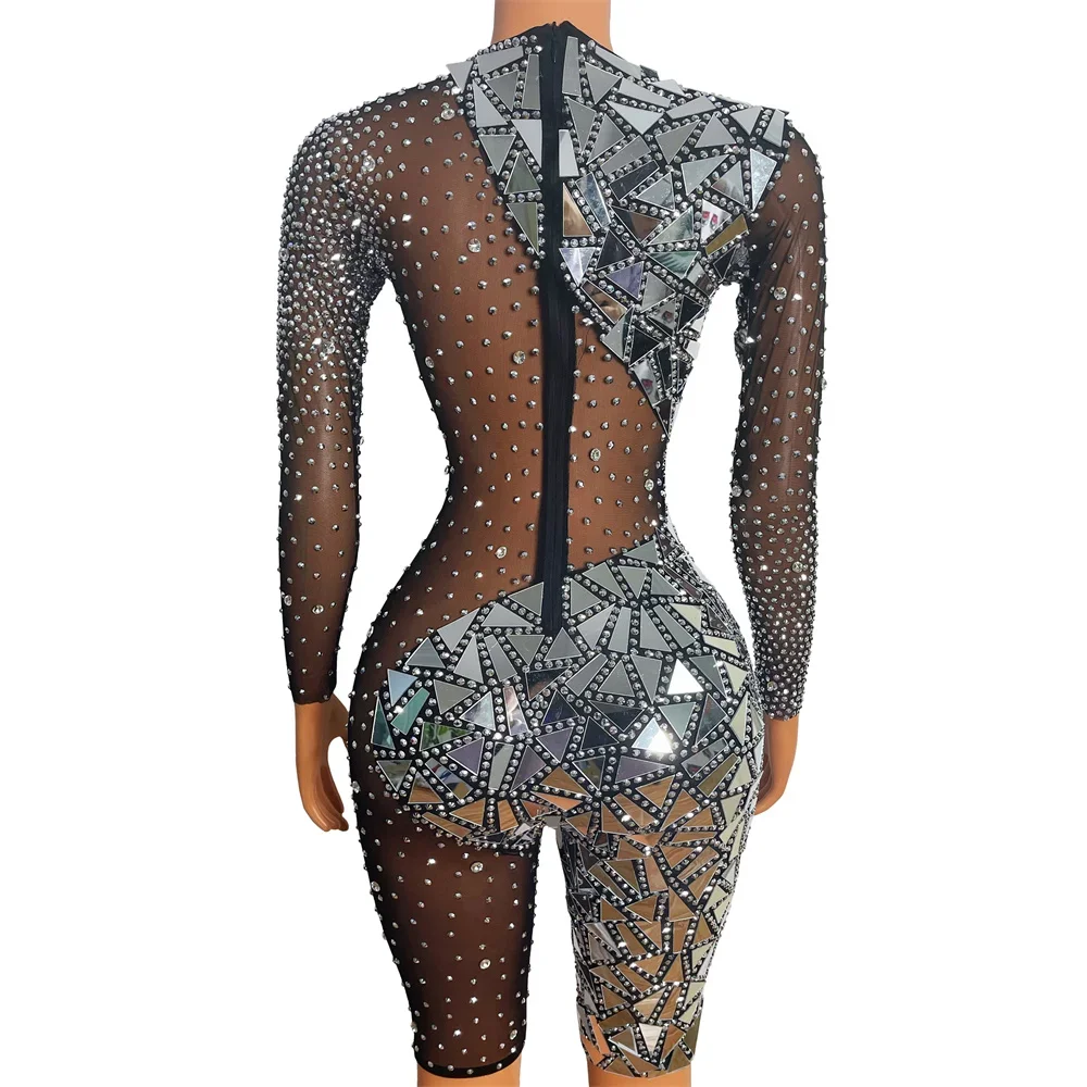 Macacão feminino cristal brilhante strass prata espelho estiramento bodysuit festa de aniversário preto malha transparente ds palco traje