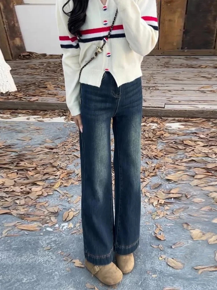 

High Waist Fleece Lined Straight Leg Jeans Women's Autumn Winter plus Size Slimming Wide Leg Pants American Style Casual Wear