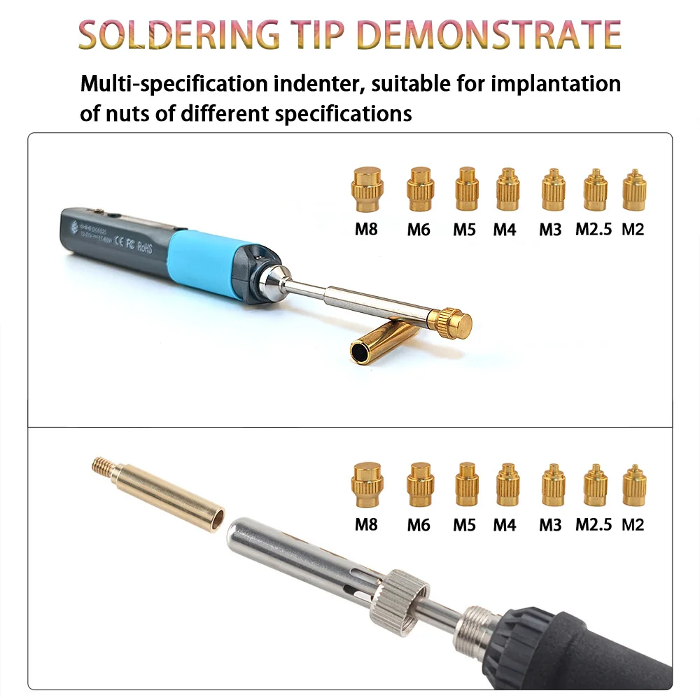 TS Heat Insert Nut Iron Tip 3D Implanted Hot Melt Brass Nut Pressure Head M2-M8 Brass kit for TS100/TS101/PINE64 Soldering Iron