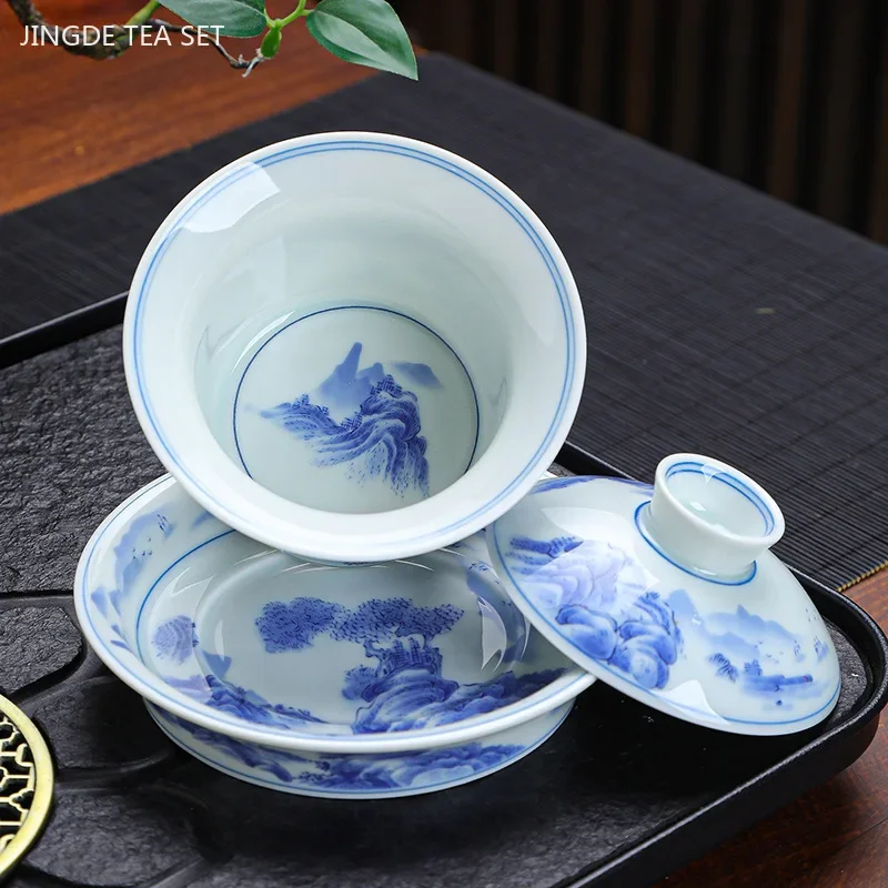 Luxuosa cerâmica gaiwan xícara de chá artesanal tigela de chá chinês azul e branco porcelana acessórios de utensílios de chá drinkware 150ml