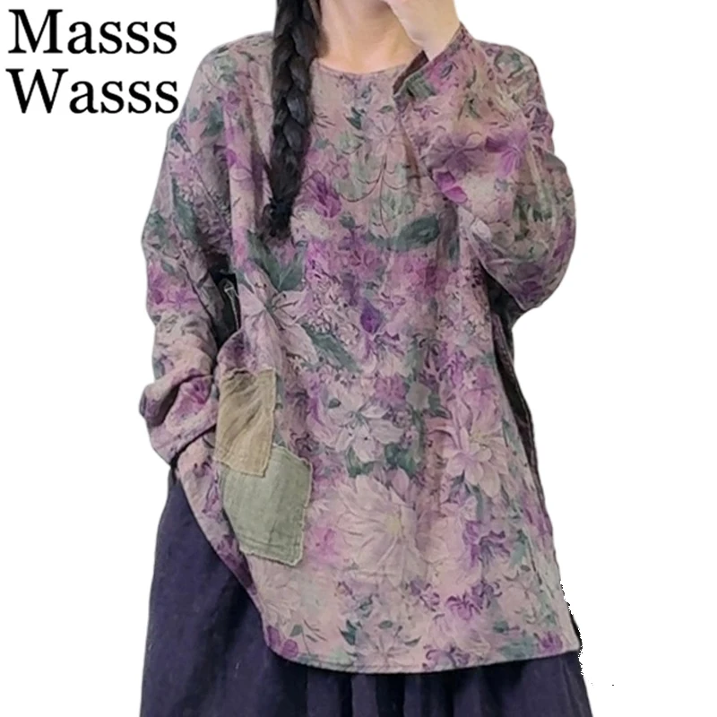 

Masss Wasss 2026 Spring Fashion Printed Cotton Linen Shirts Women Vintage Casual Floral Tops Ladies Classic Loose O Neck Blouses
