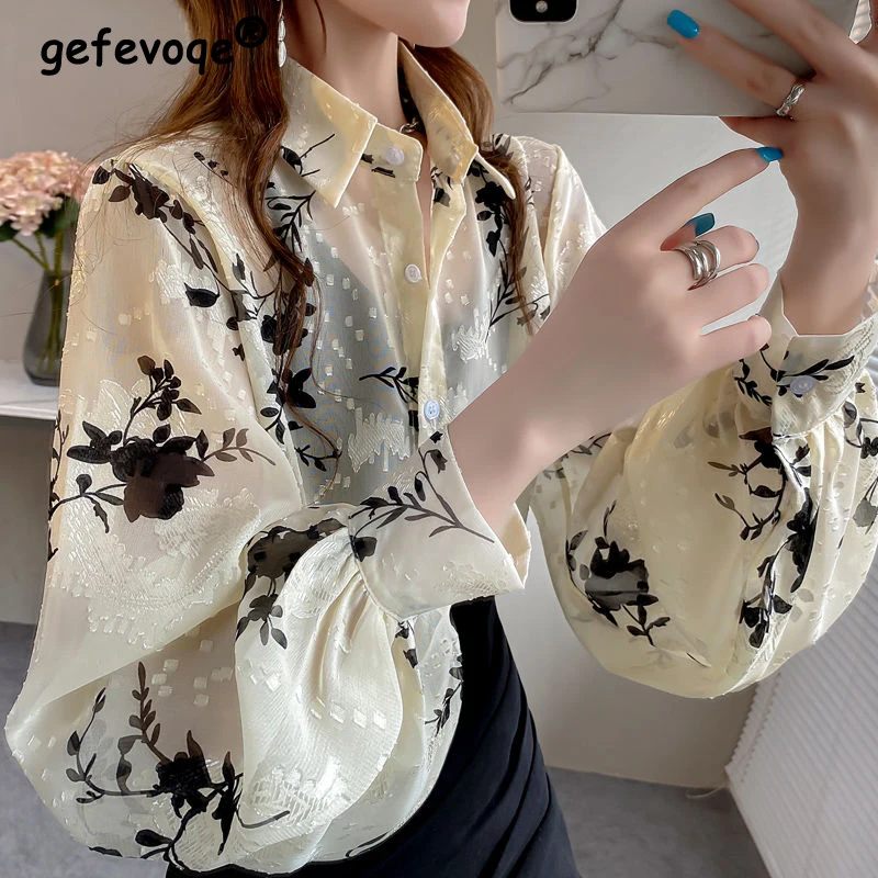 Women\'s Korean Fashion Floral Print Button Shirt Office Lady Vintage Elegant Commute Blouse Casual Long Sleeve Loose Tops Blusas