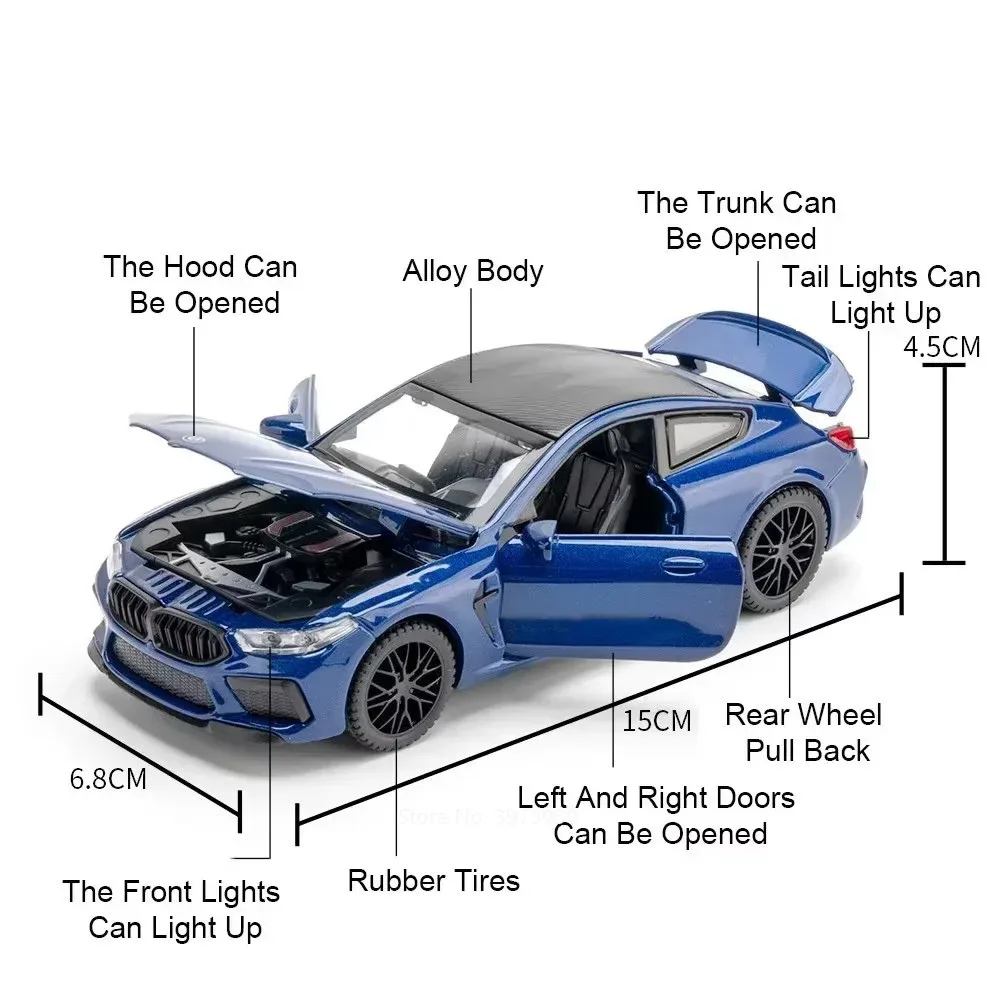 รถของเล่นอัลลอยด์ M8 ขนาด 1:32 แบบหล่อขึ้นรูป ล้อแบบดึงถอยหลัง มีไฟและเสียงเพลง รถสปอร์ตจิ๋วสำหรับเด็กผู้ชาย ของตกแต่งและของขวัญ