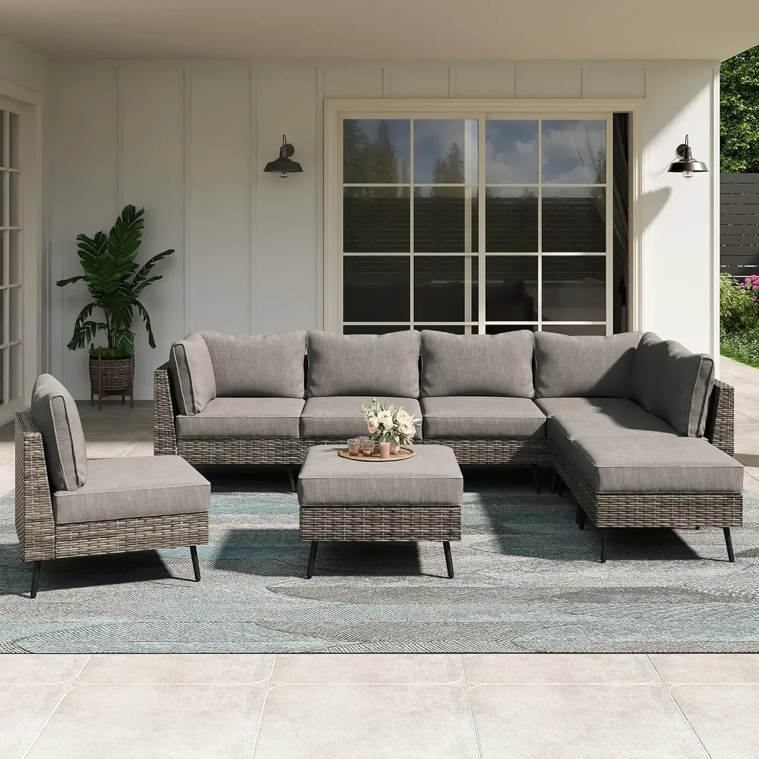 8 Piece Outdoor Sectional Sofa PE Rattan Patio Conversation Sets, All Weather Patio Furniture Set with Thick Cushions for Garden