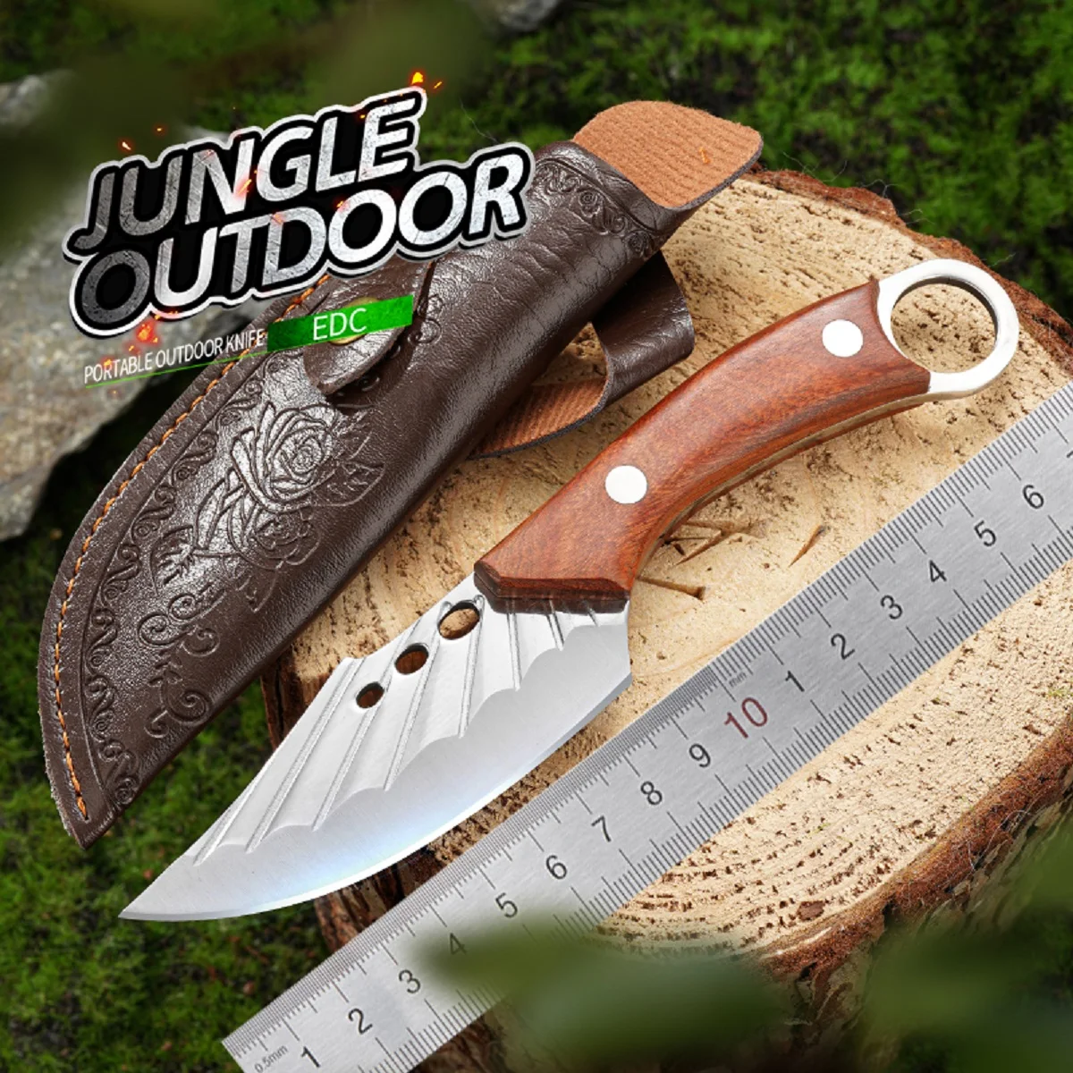 

8.3 inch Portable Camping Kitchen Knife with Scabbard 4CR13 Steel Blade and Wooden Handle Multipurpose Survival Knife for BBQ