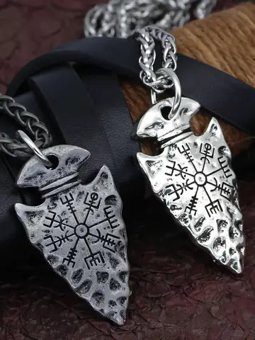 2021 New "Helm of Awe" and "Viking Vegvisir" Iron Color Viking Spear Pendant Necklace with Stainless Steel Chain As Men Gift