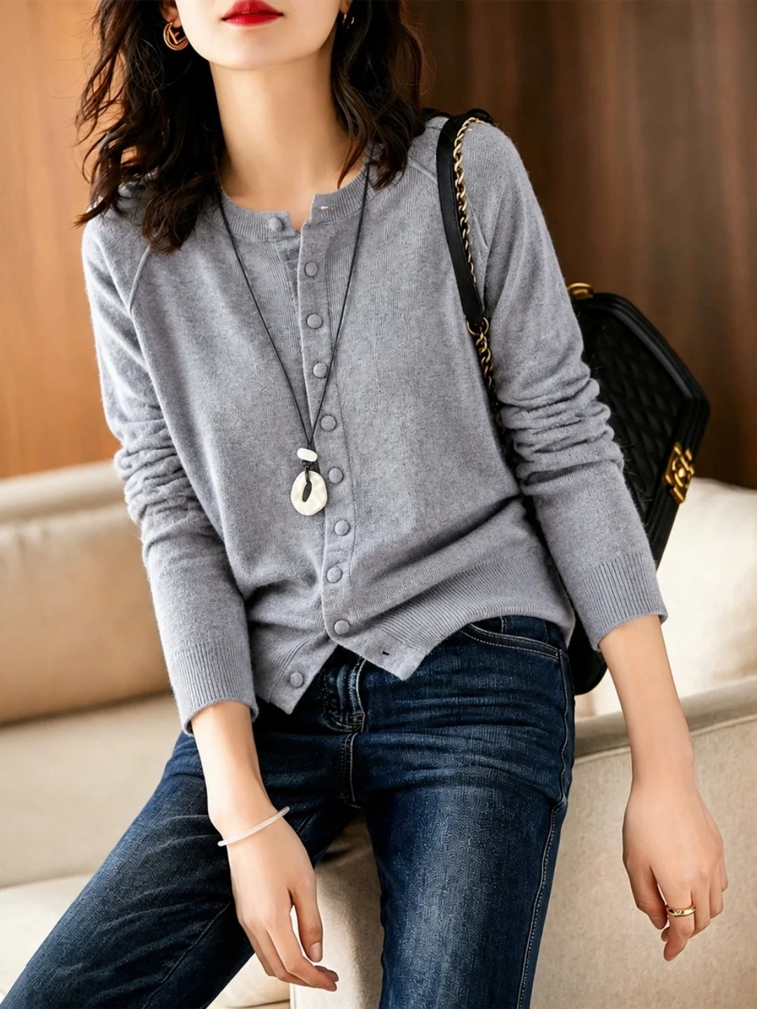 Chic Knitted Long Sleeve Cardigan Korean Style Pure Color Versatile Commute New Autumn Women's Fashion Straight Cut Inner Wear