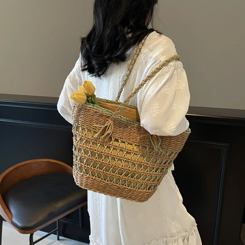 

​ Летняя сумка-тоут из рафии 2025 года — пляжная сумка в стиле бохо большой вместимости, регулируемая ажурная сумка через плечо, легкая шикарная для отпуска для женщин ​