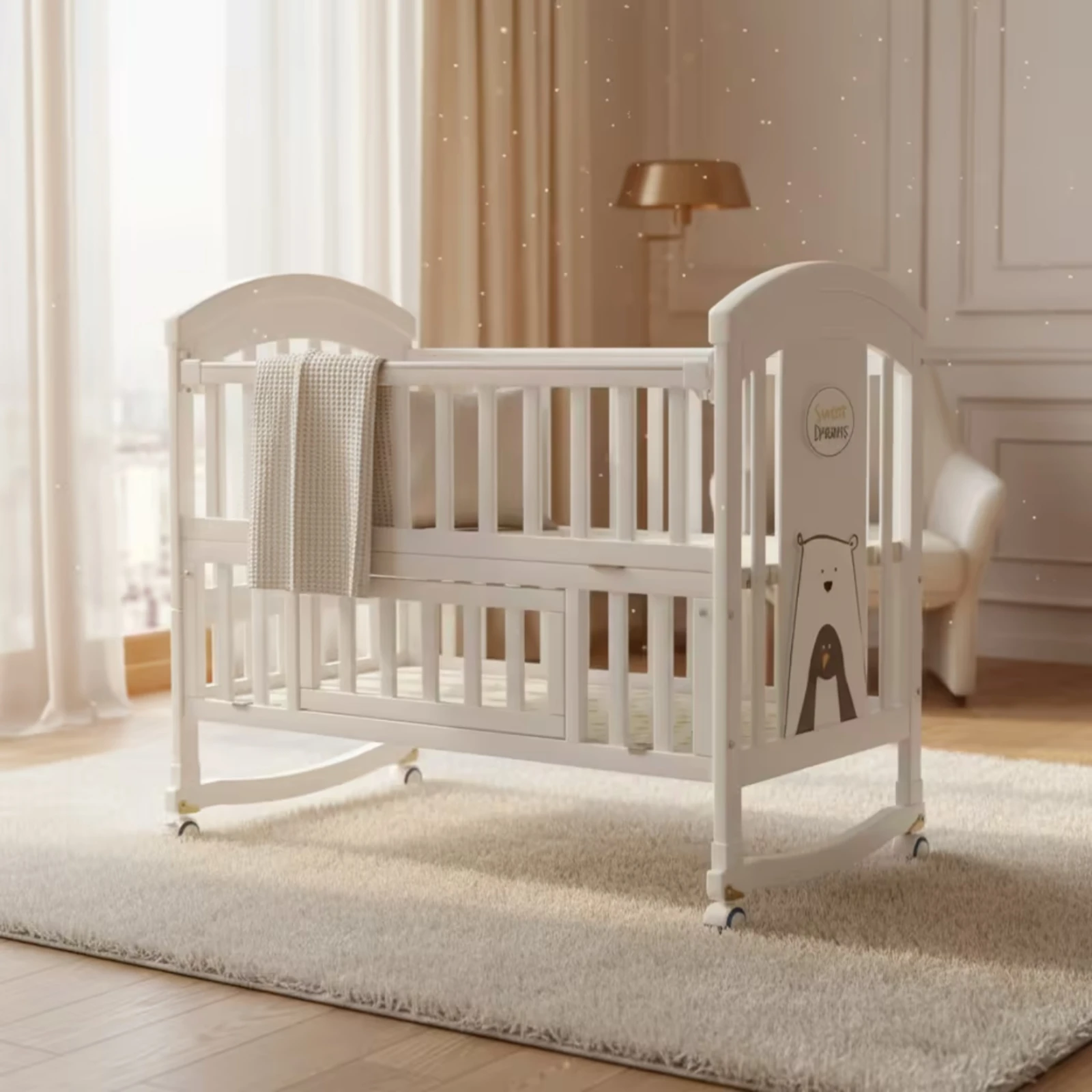 Solid Wood Crib Movable Baby Crib Bed Multifunctional Non Finish for Babies