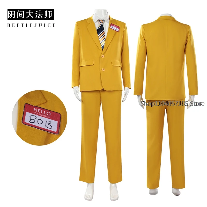 Beetlejuices Cosplay Costume Yellow Uniform Suit with Tie for Men Outfit Halloween Disguise Carnival Suit