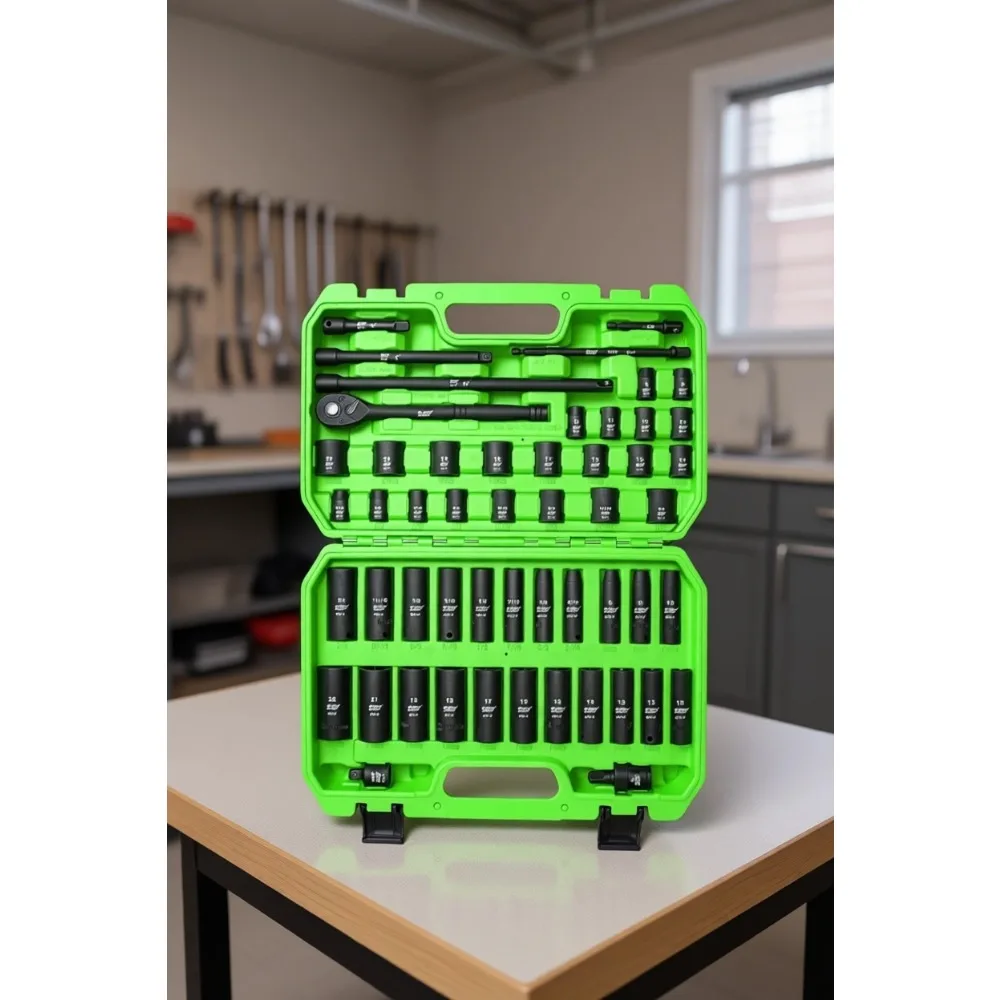 

3/8 Drive 52pc Impact Socket Set SAE Metric Shallow Deep 6 Point Ratchet Extensions Adapters