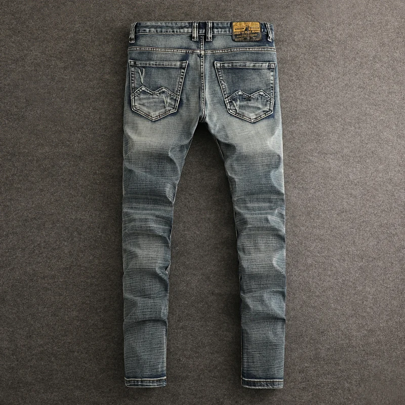 

Designer Fashion Men Jeans High Quality Retro Washed Blue Stretch Slim Fit Ripped Jeans Men Y2K Embroidery Vintage Denim Pants