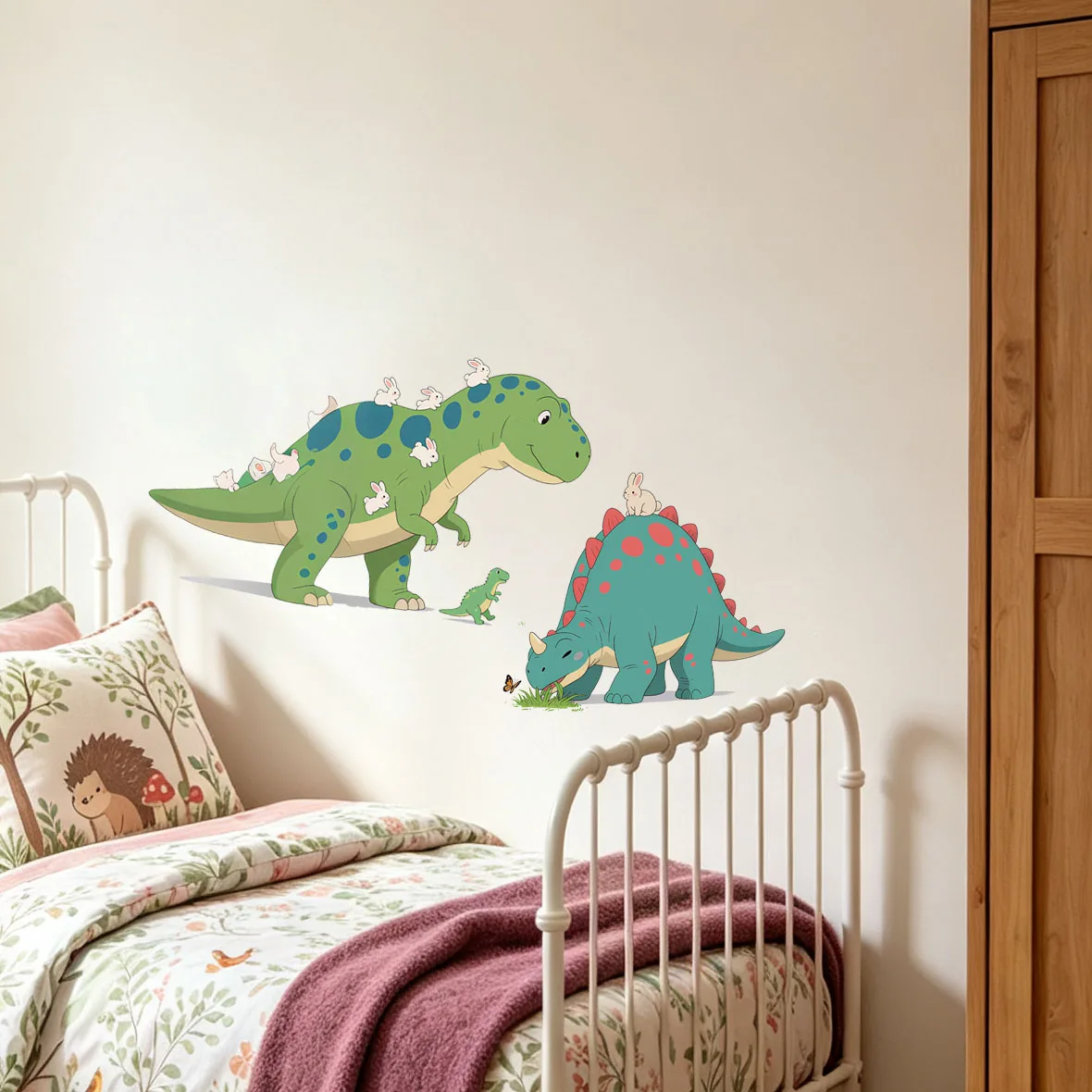 Cute Dinosaur With Rabbit Wall Stickers Cartoon T-Rex Triceratops Bunny Wall Decals Removable Kids Nursery Bedroom Decor