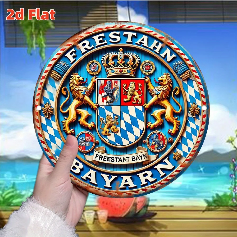 2D Flat, 1pc Bavaria Coat of Arms Sign - Freistarn Bayern Text - Vintage German Flag Colors (Blue, Red, Golden) - Heavy-Duty Alu