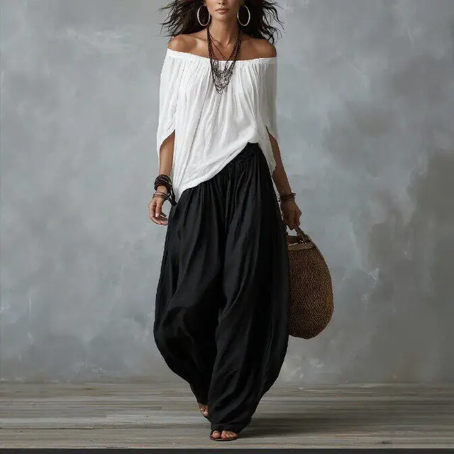 Conjunto de 2 Piezas para Mujer: Blusa Holgada Boho con Hombros Descubiertos y Pantalones Harem de Pierna Ancha, Estilo Vintage Casual para Vacaciones
